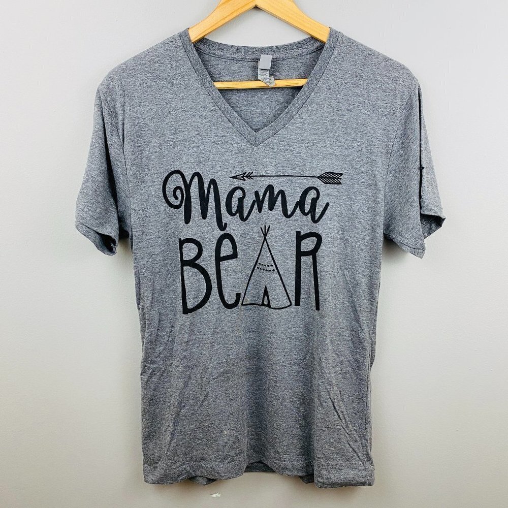 Mama Bear Tee Next Level Graphic T-shirt Womens Small Tribal V-neck‎ Gray